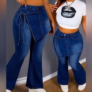 Women Elastic Denim Tie-Front Flare Pants